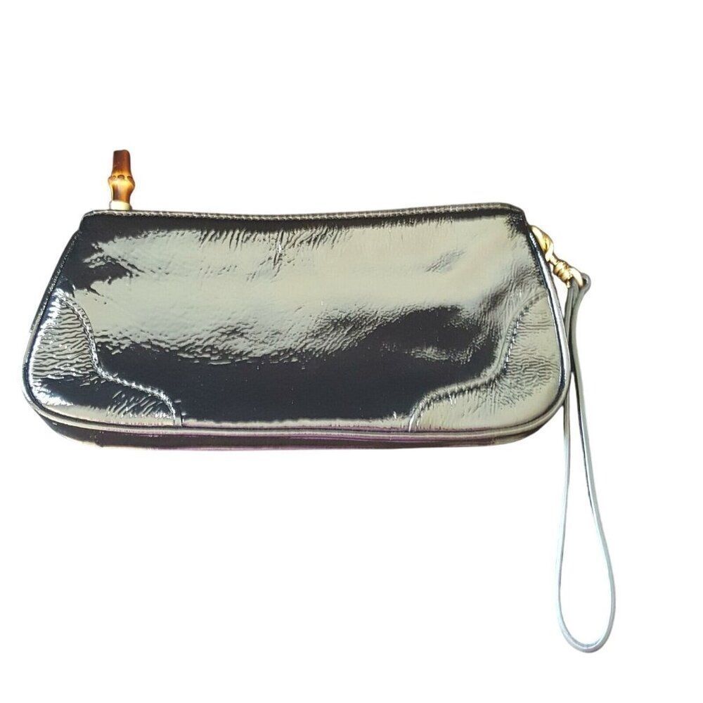 Talbots Womens Pocketbook Black Patent Leather Tortoise Pull Purse Wristlet Zip